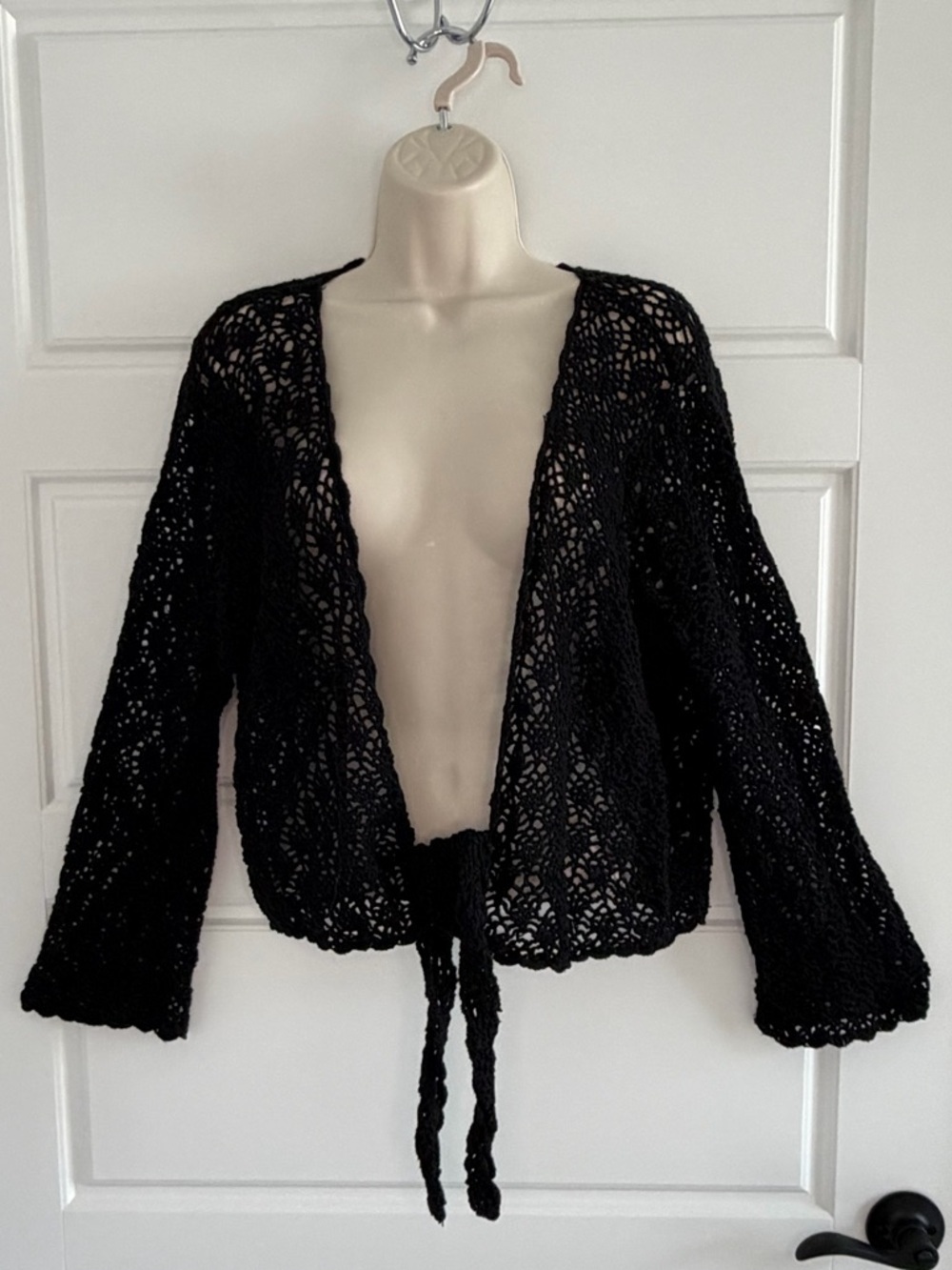 Vintage R&K Originals Ramie Cotton Open Knit Crochet Boho Tie Front Swester 3X